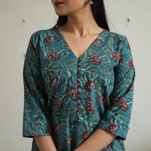 Blue - Hand Block Printed Cotton Straight Bagru Kurta 07