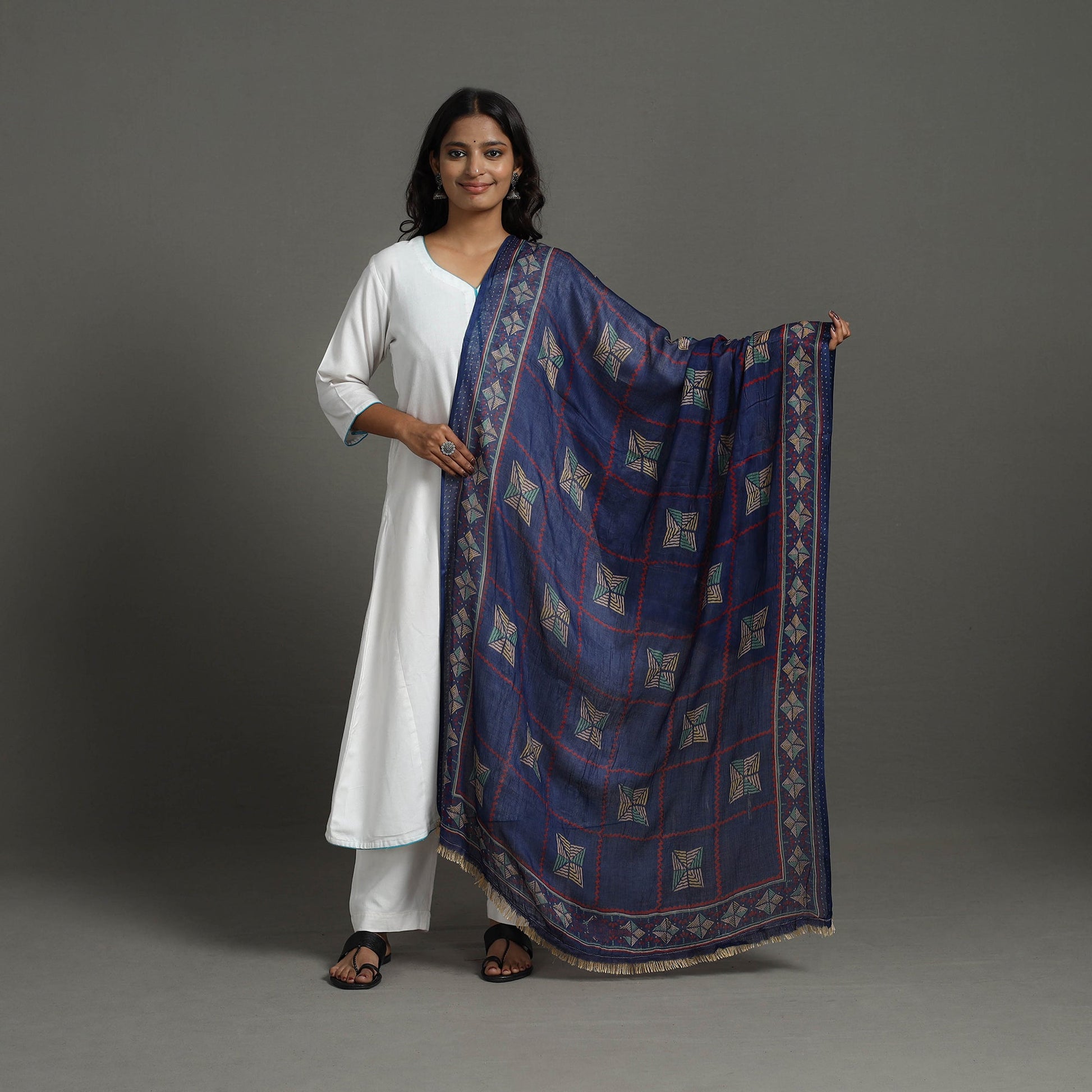 Blue - Ajrakh Hand Block Printed Woollen Dupatta 28