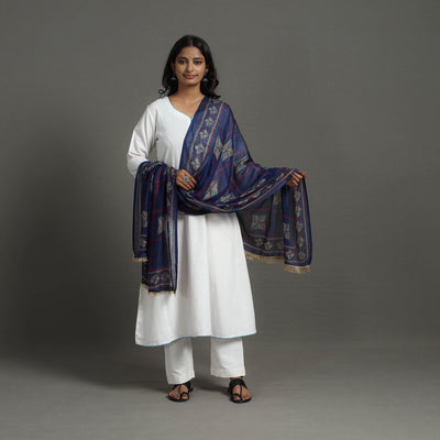 Blue - Ajrakh Hand Block Printed Woollen Dupatta 28