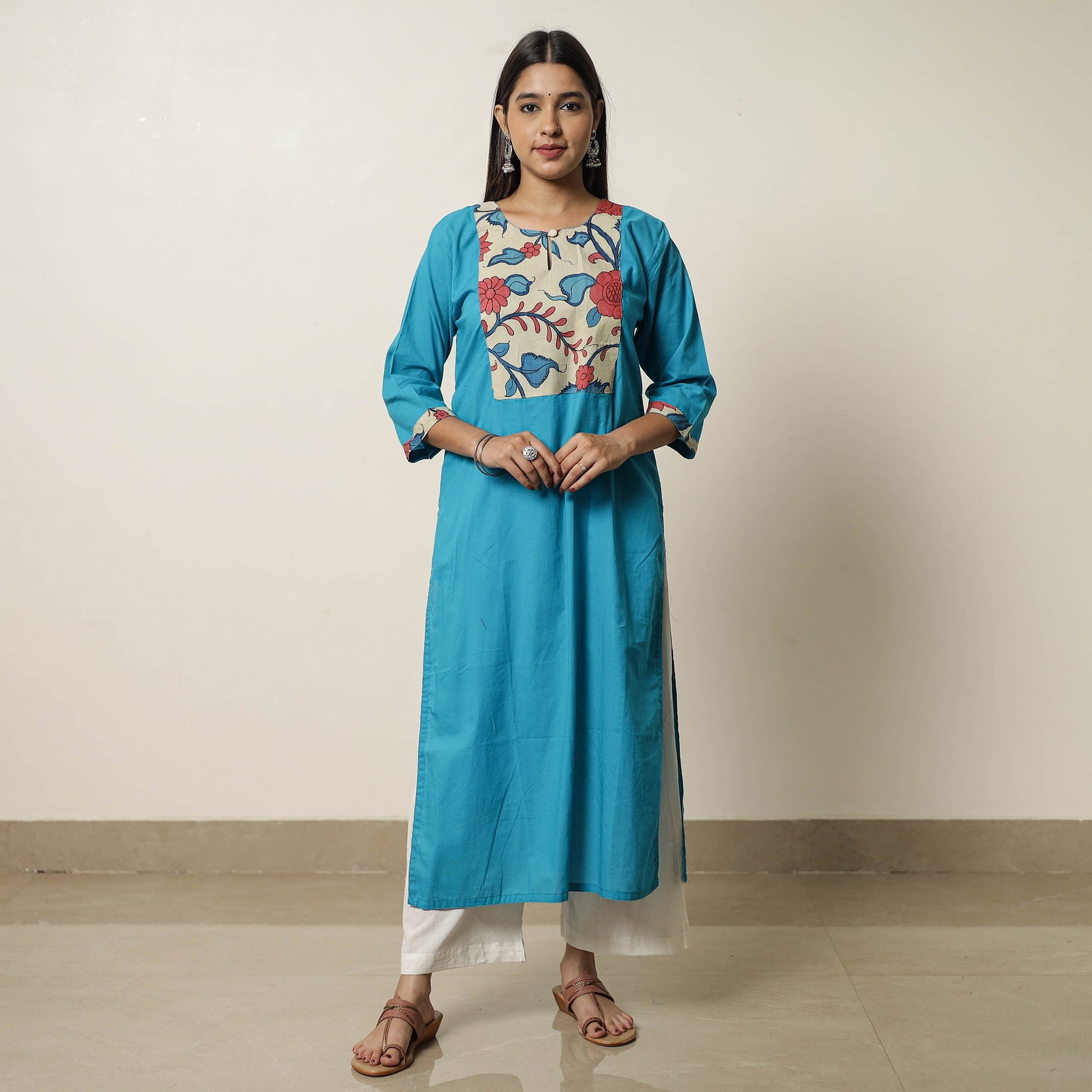 Aqua Blue - Srikalahasti Kalamkari Patchwork Plain Cotton Long Straight Kurta 17