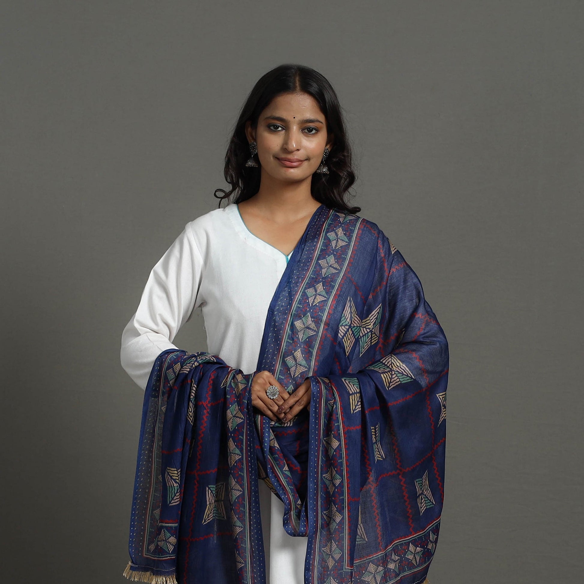 Blue - Ajrakh Hand Block Printed Woollen Dupatta 28