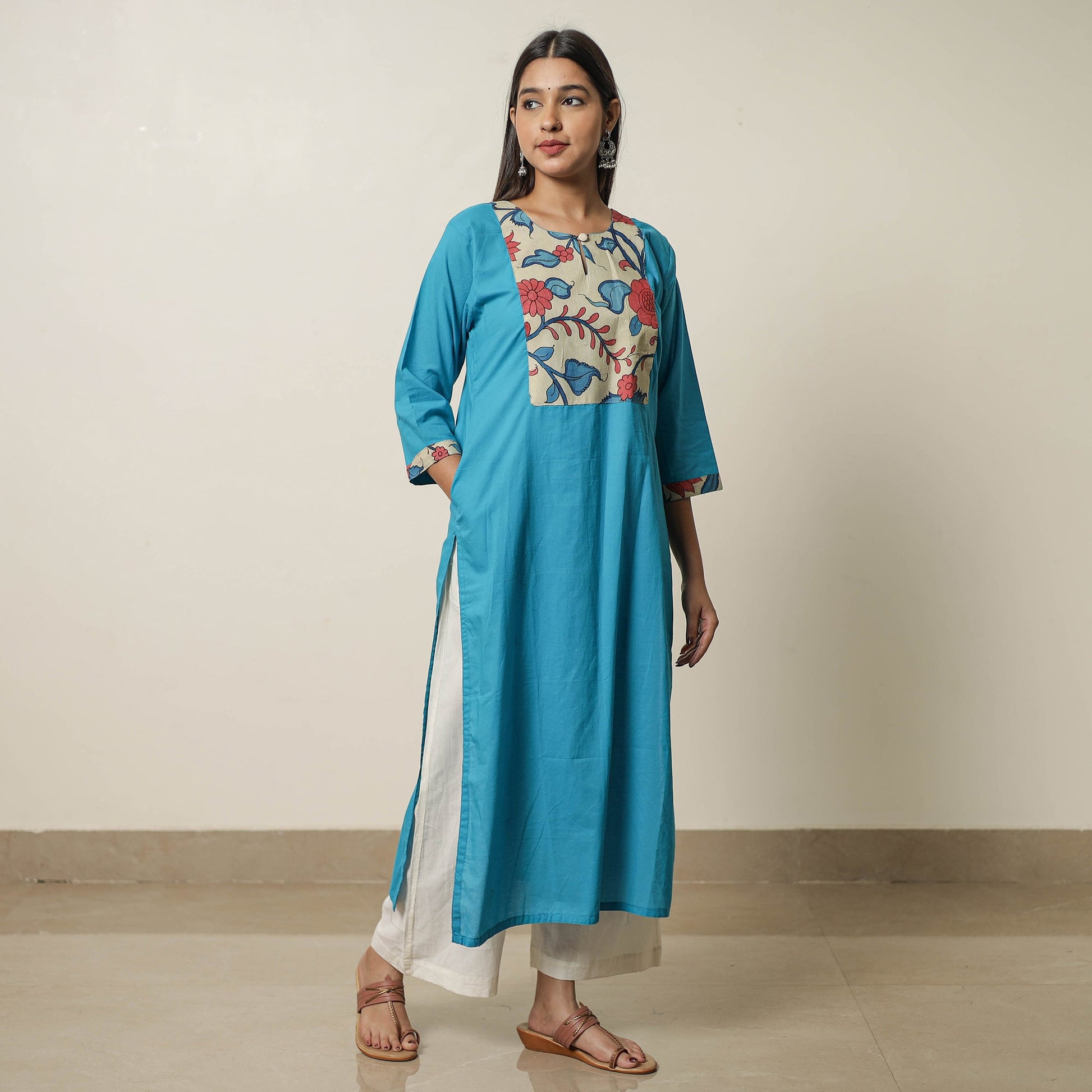 Aqua Blue - Srikalahasti Kalamkari Patchwork Plain Cotton Long Straight Kurta 17
