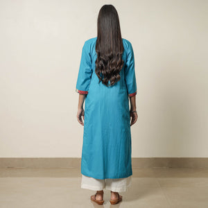 Aqua Blue - Srikalahasti Kalamkari Patchwork Plain Cotton Long Straight Kurta 17