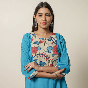 Aqua Blue - Srikalahasti Kalamkari Patchwork Plain Cotton Long Straight Kurta 17