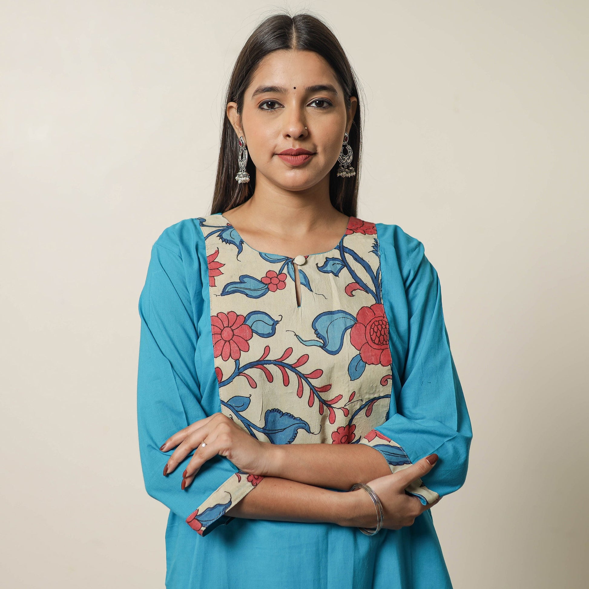 Aqua Blue - Srikalahasti Kalamkari Patchwork Plain Cotton Long Straight Kurta 17