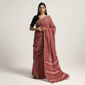 Brown -  Saree with White Chevron Buti on Pallu
