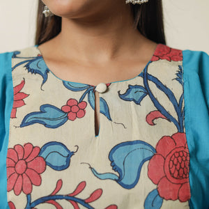 Aqua Blue - Srikalahasti Kalamkari Patchwork Plain Cotton Long Straight Kurta 17