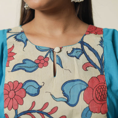Aqua Blue - Srikalahasti Kalamkari Patchwork Plain Cotton Long Straight Kurta 17