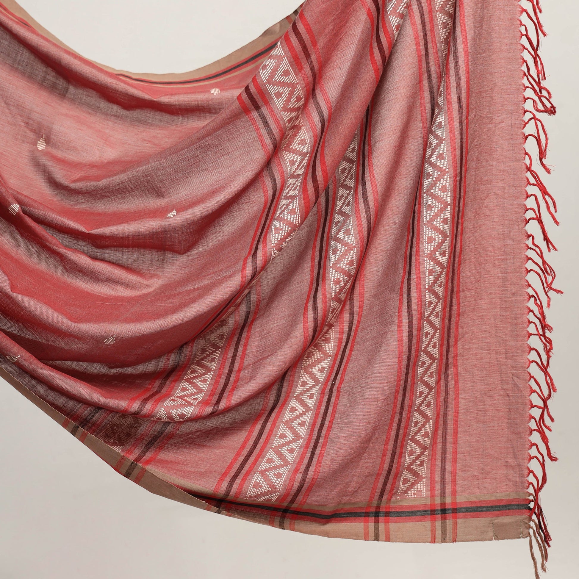Brown -  Saree with White Chevron Buti on Pallu