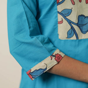 Aqua Blue - Srikalahasti Kalamkari Patchwork Plain Cotton Long Straight Kurta 17