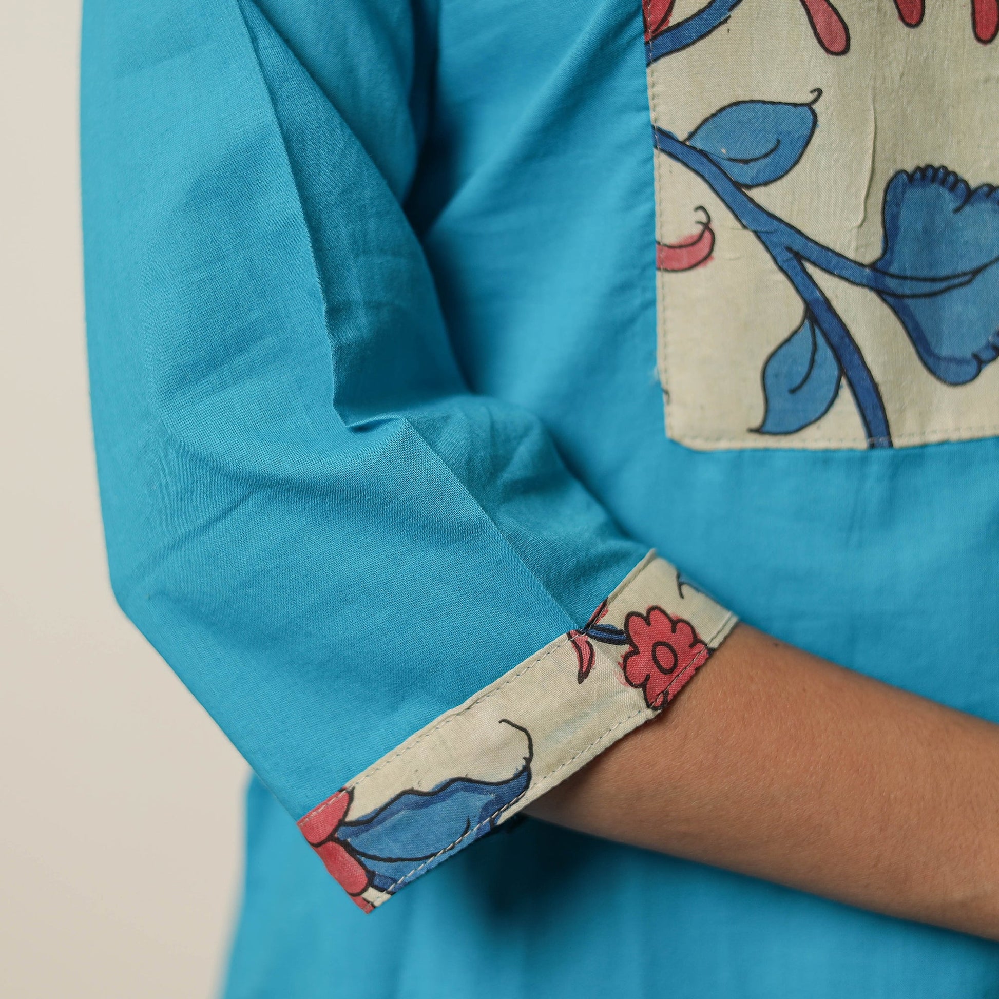 Aqua Blue - Srikalahasti Kalamkari Patchwork Plain Cotton Long Straight Kurta 17