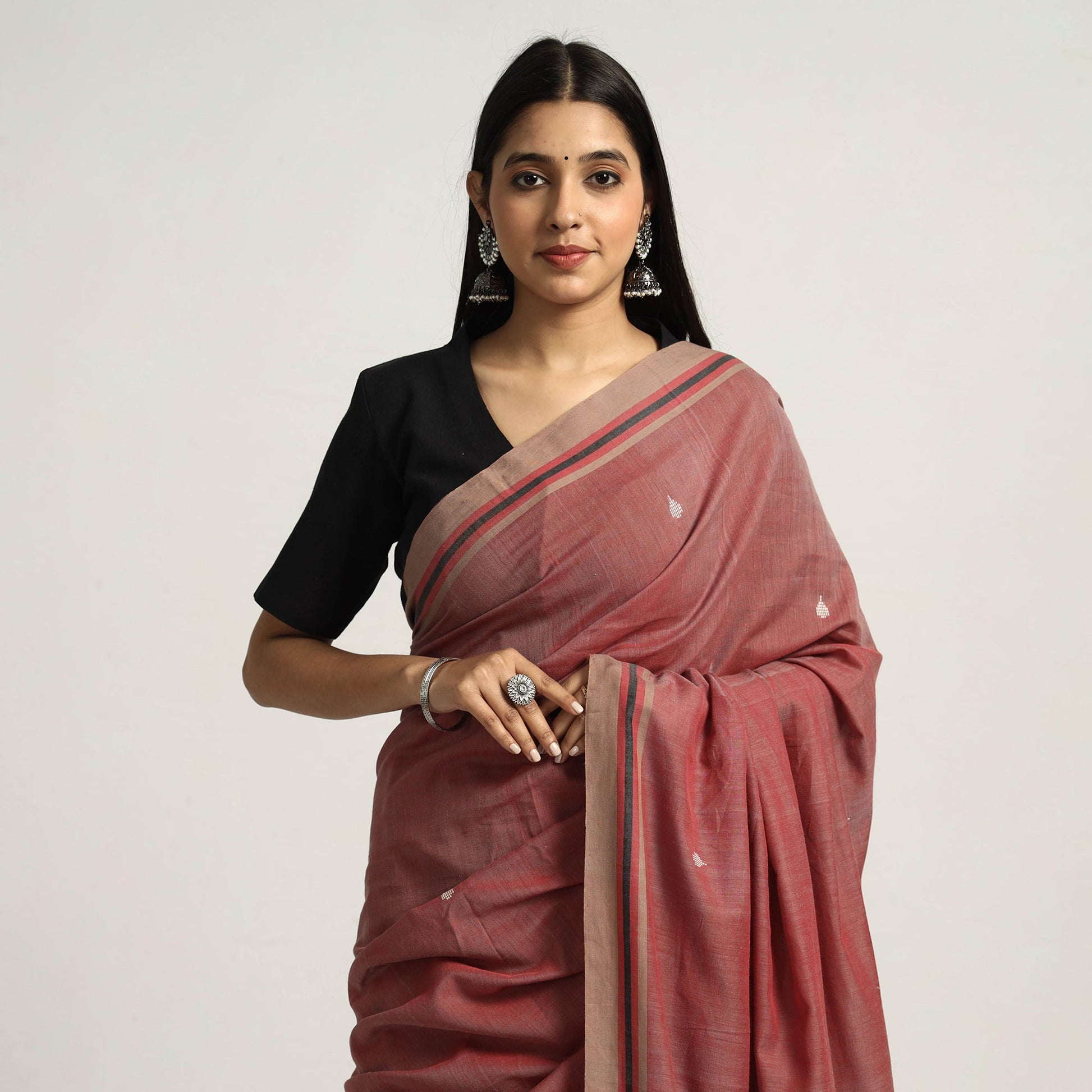 Brown -  Saree with White Chevron Buti on Pallu