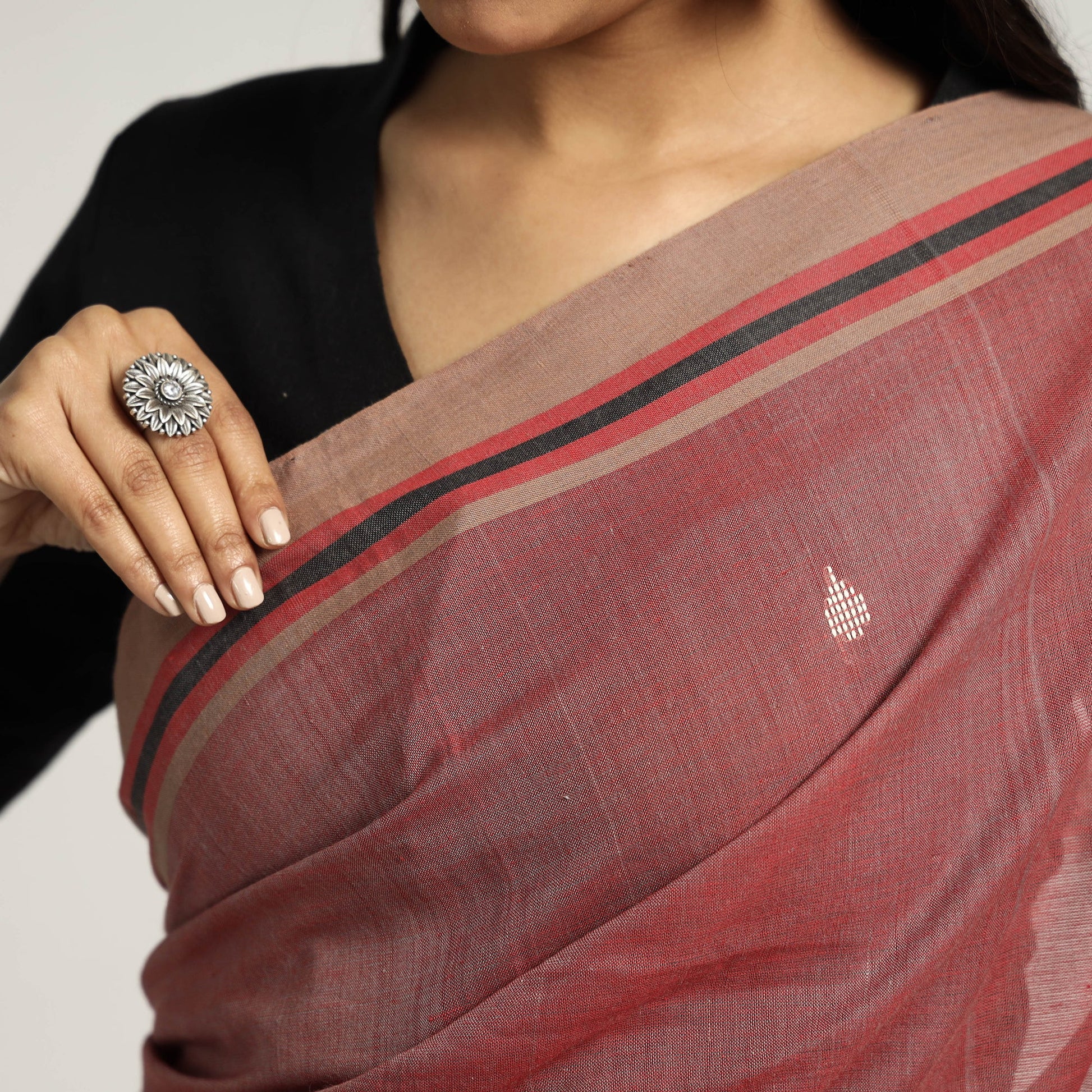 Brown -  Saree with White Chevron Buti on Pallu