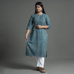 Blue - Akola Hand Block Printed Cotton Pintuck Straight Kurta