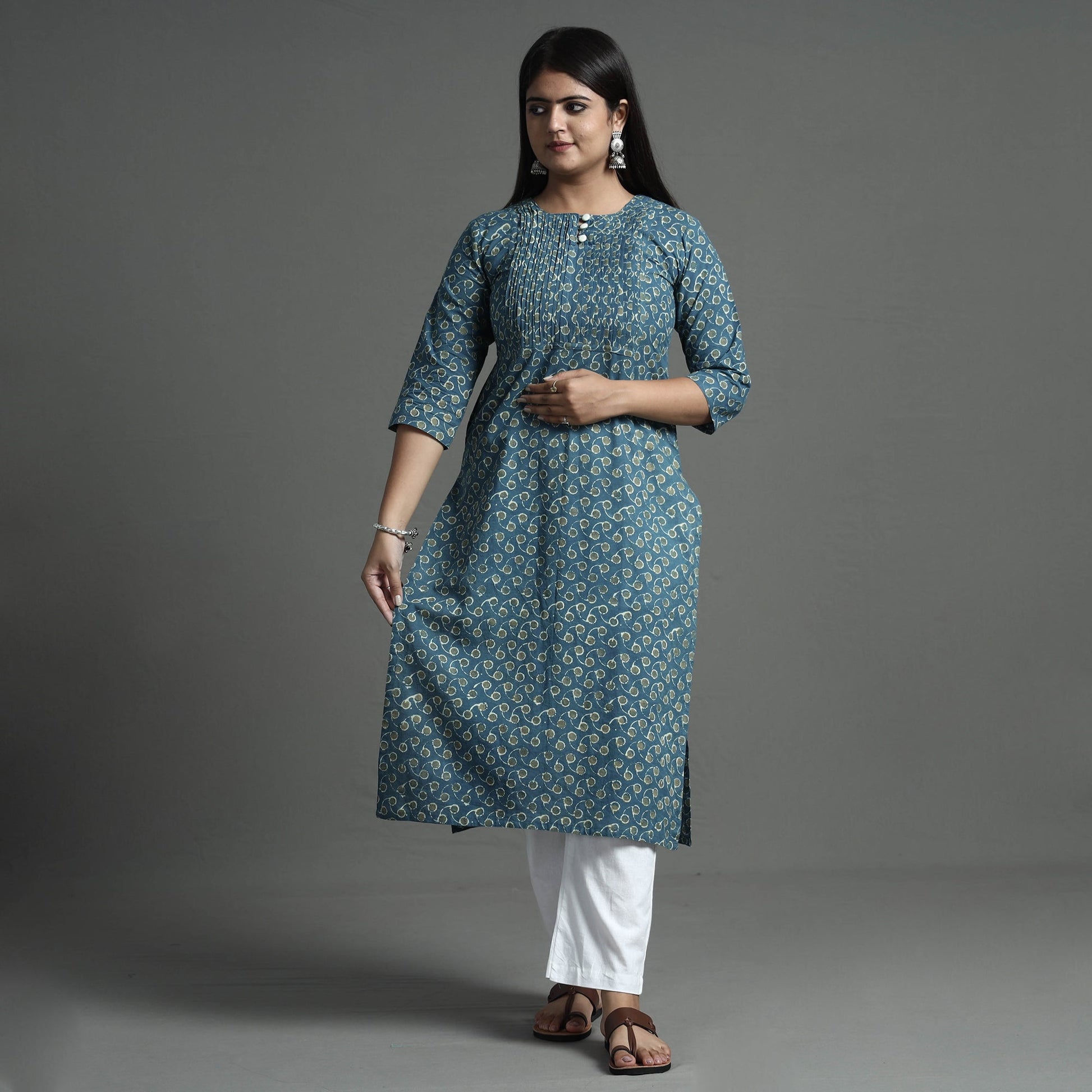 Blue - Akola Hand Block Printed Cotton Pintuck Straight Kurta
