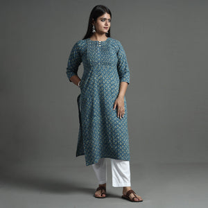 Blue - Akola Hand Block Printed Cotton Pintuck Straight Kurta
