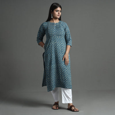 Blue - Akola Hand Block Printed Cotton Pintuck Straight Kurta