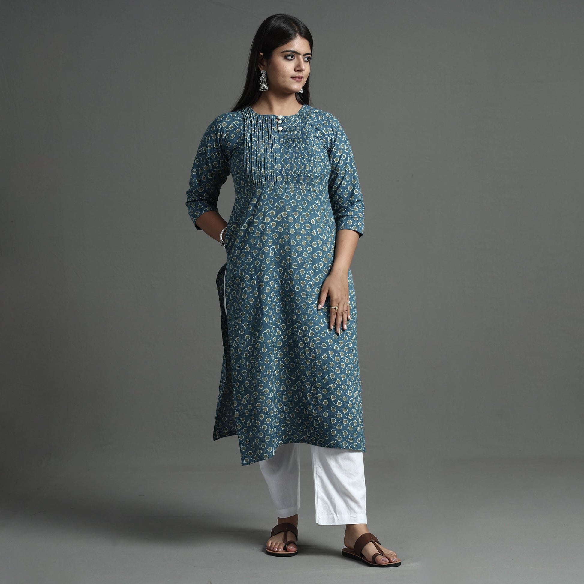 Blue - Akola Hand Block Printed Cotton Pintuck Straight Kurta