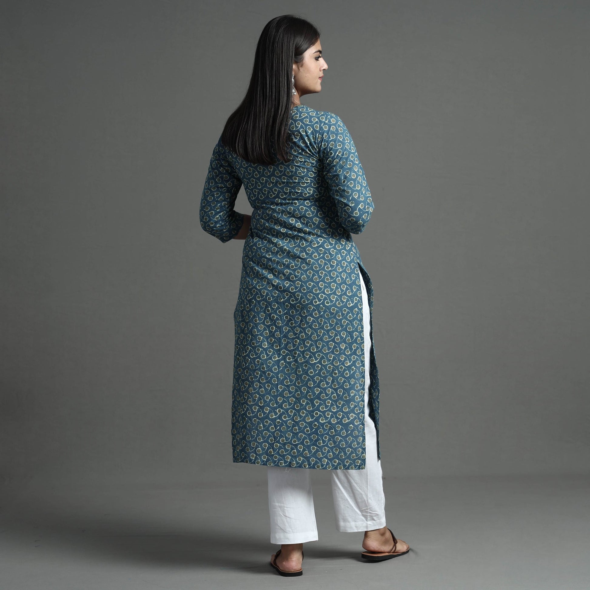 Blue - Akola Hand Block Printed Cotton Pintuck Straight Kurta