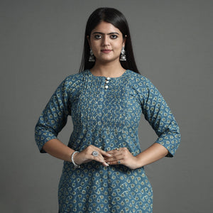 Blue - Akola Hand Block Printed Cotton Pintuck Straight Kurta