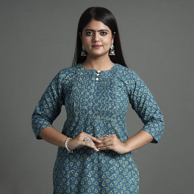 Blue - Akola Hand Block Printed Cotton Pintuck Straight Kurta