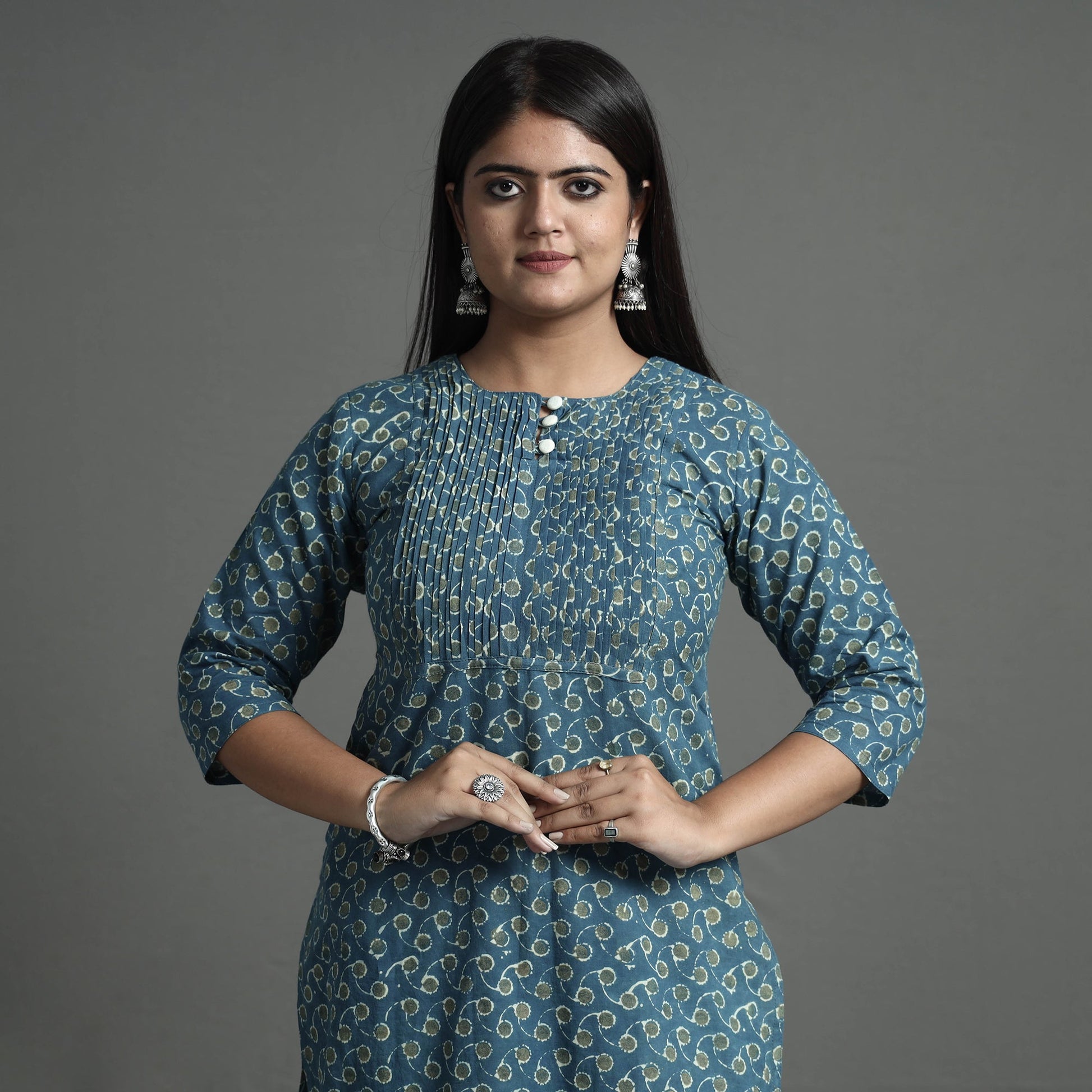 Blue - Akola Hand Block Printed Cotton Pintuck Straight Kurta