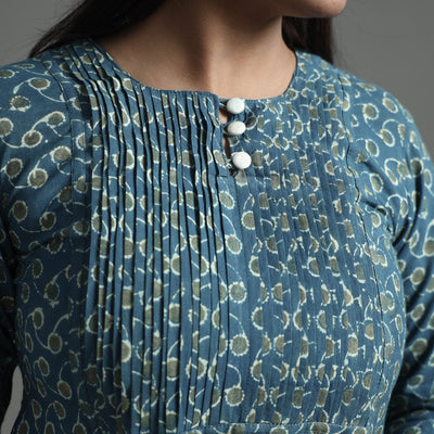 Blue - Akola Hand Block Printed Cotton Pintuck Straight Kurta