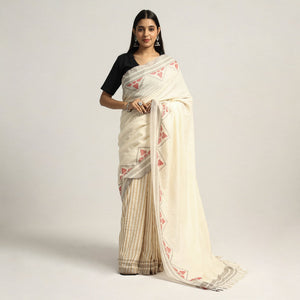 Beige - Grey & Kora with Grey Trangle Pattern with Red Floral Buti Extra Weft Silk Cotton Saree