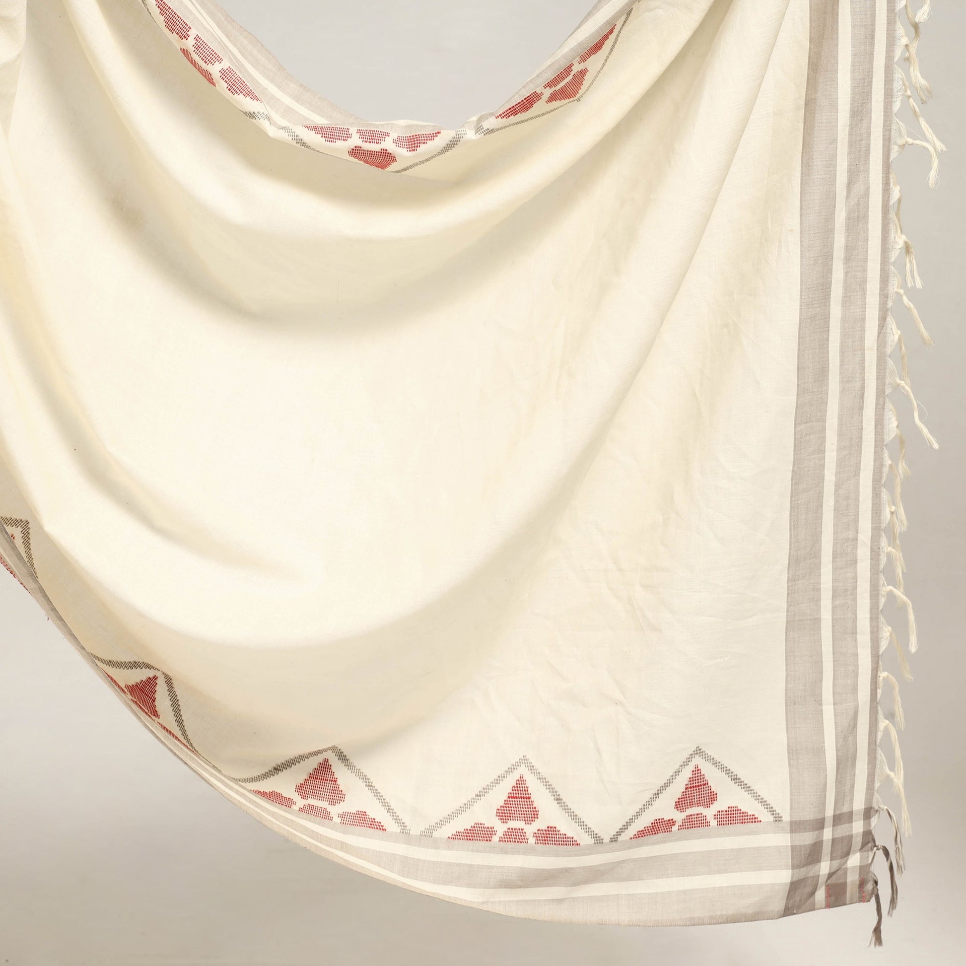 Beige - Grey & Kora with Grey Trangle Pattern with Red Floral Buti Extra Weft Silk Cotton Saree