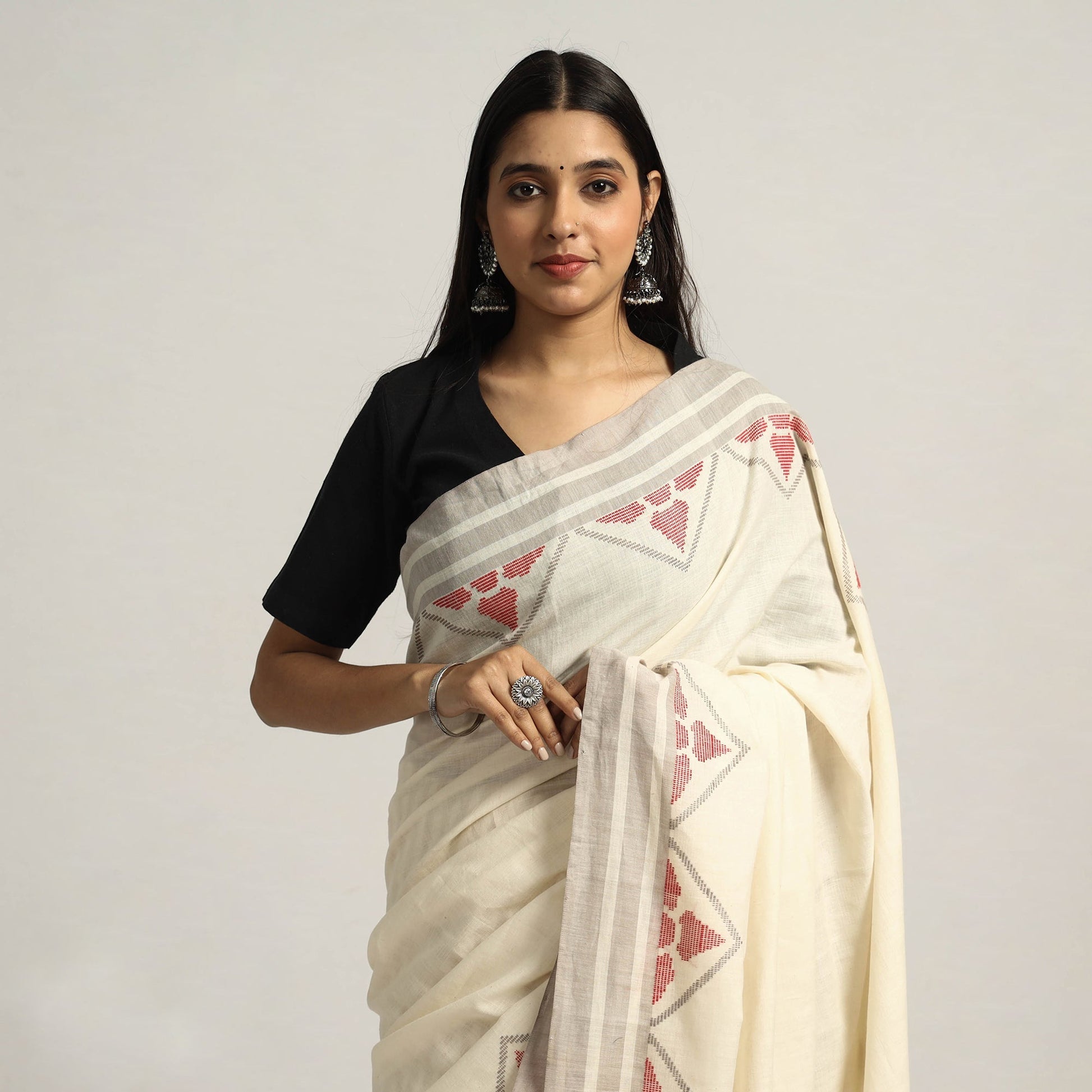 Beige - Grey & Kora with Grey Trangle Pattern with Red Floral Buti Extra Weft Silk Cotton Saree