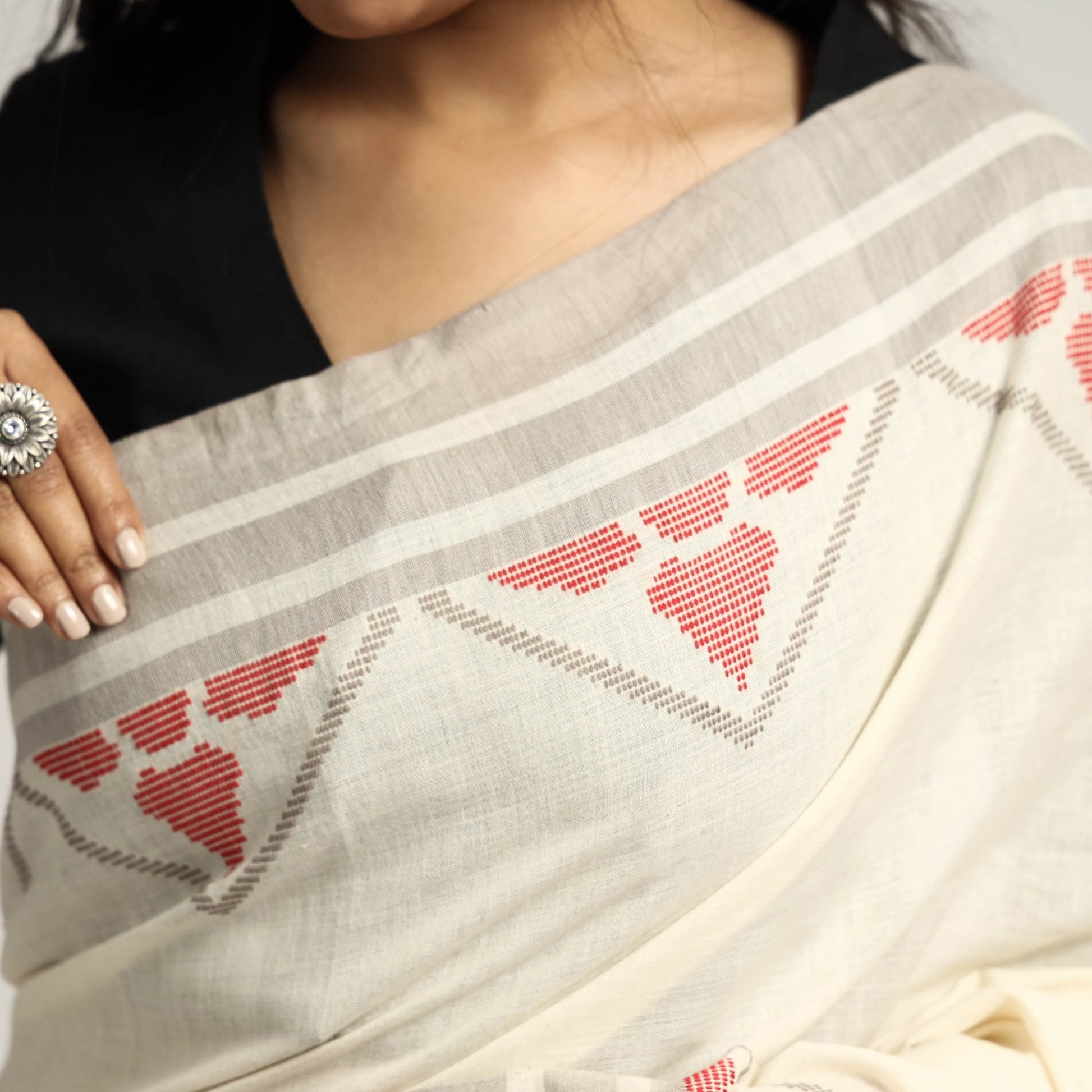 Beige - Grey & Kora with Grey Trangle Pattern with Red Floral Buti Extra Weft Silk Cotton Saree