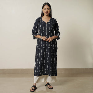 Black - Pochampally Ikat Weave Cotton Straight Kurta 19