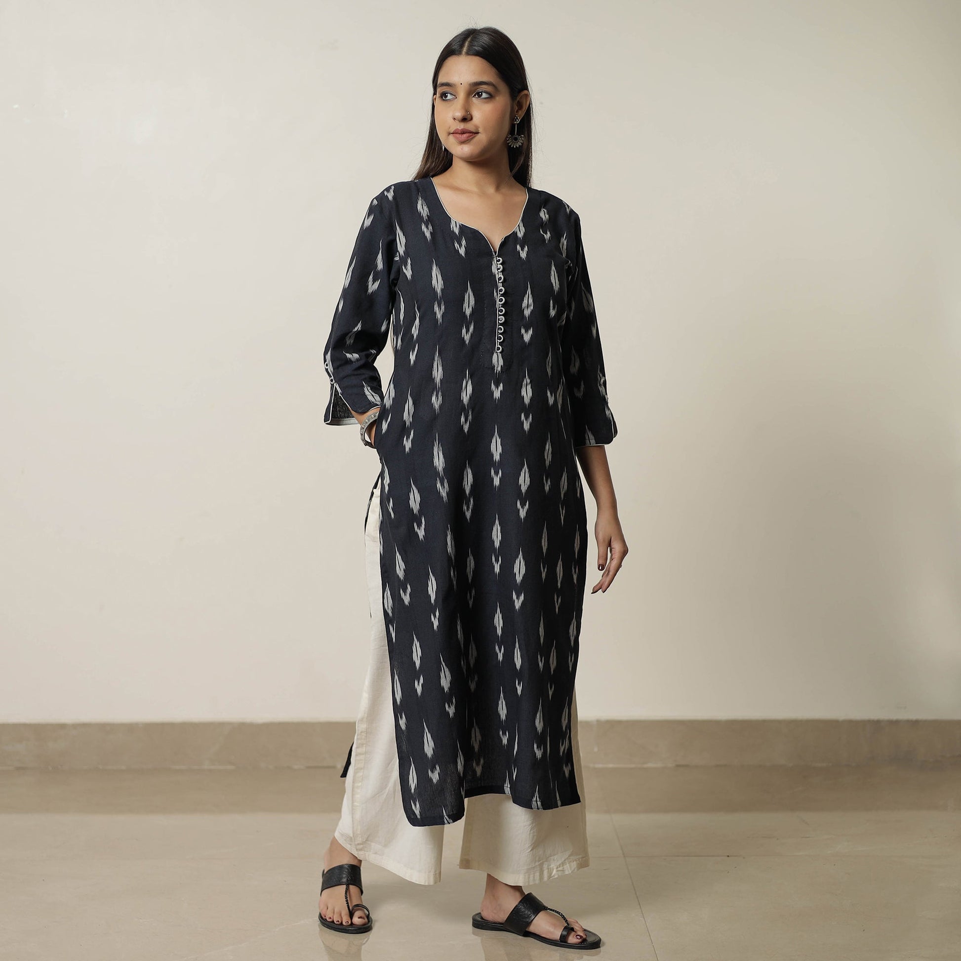Black - Pochampally Ikat Weave Cotton Straight Kurta 19