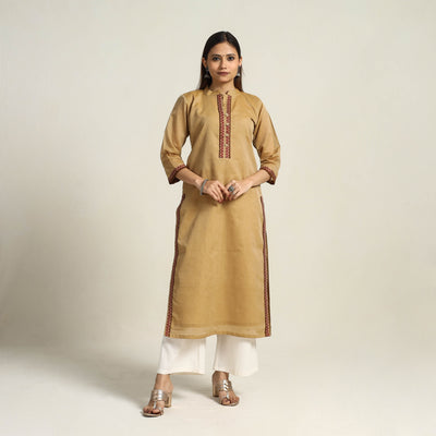 Beige - Thread Border Cotton Straight Kanchipuram Kurta 02