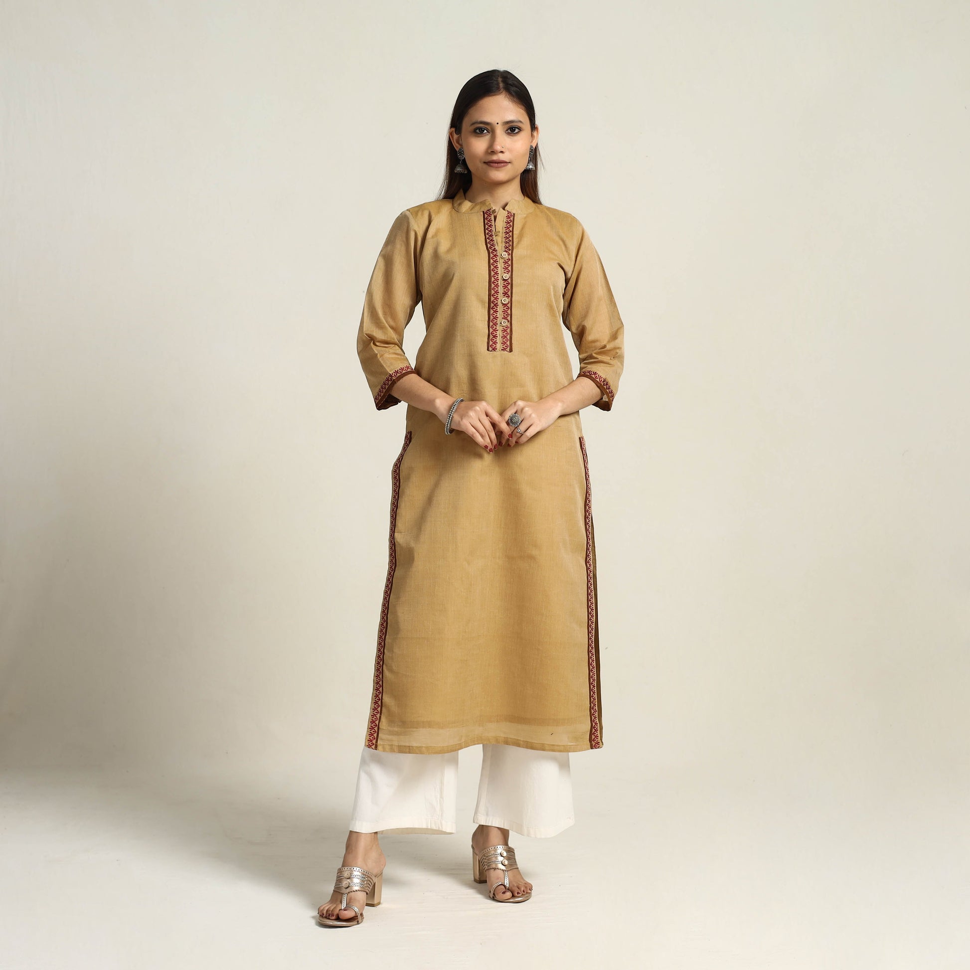 Beige - Thread Border Cotton Straight Kanchipuram Kurta 02