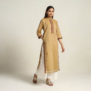 Beige - Thread Border Cotton Straight Kanchipuram Kurta 02