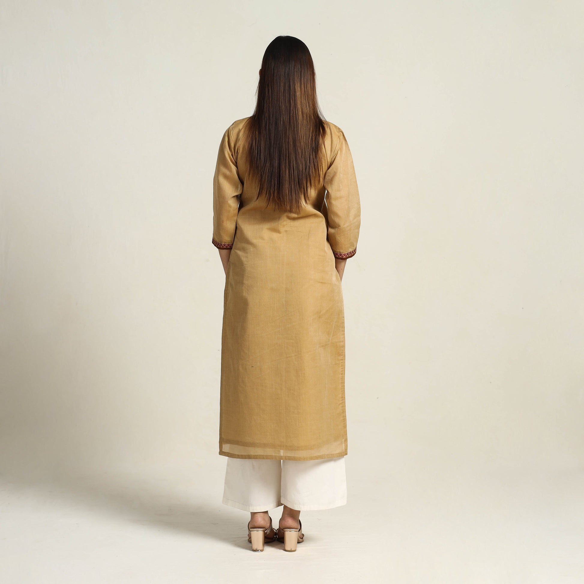Beige - Thread Border Cotton Straight Kanchipuram Kurta 02