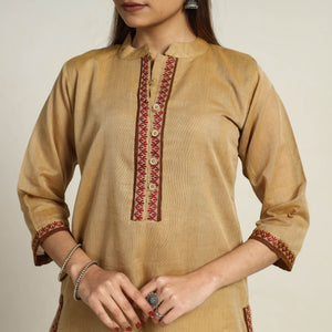 Beige - Thread Border Cotton Straight Kanchipuram Kurta 02