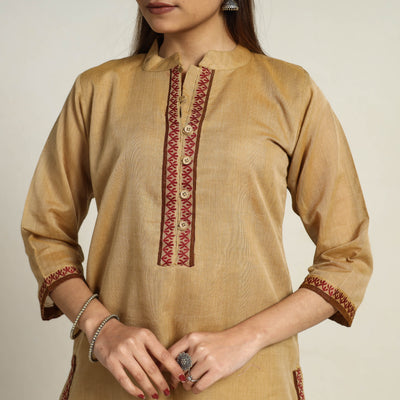 Beige - Thread Border Cotton Straight Kanchipuram Kurta 02