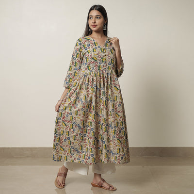 Beige - Kalamkari Printed Cotton Flared Kurta 07