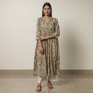 Beige - Kalamkari Printed Cotton Flared Kurta 07