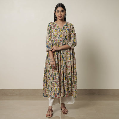 Beige - Kalamkari Printed Cotton Flared Kurta 07