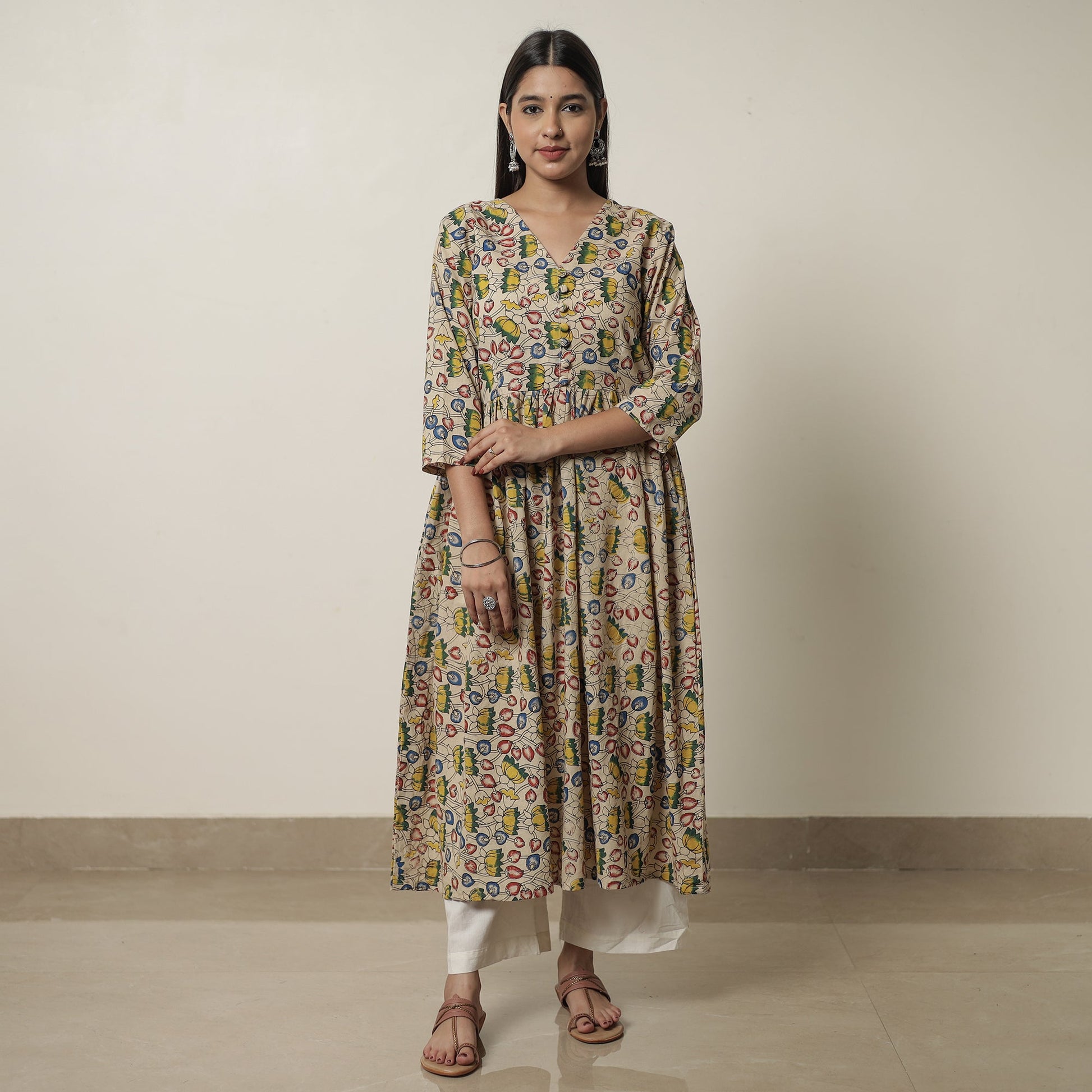 Beige - Kalamkari Printed Cotton Flared Kurta 07