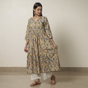 Beige - Kalamkari Printed Cotton Flared Kurta 07