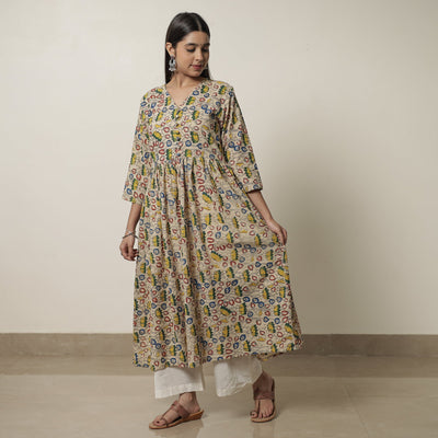 Beige - Kalamkari Printed Cotton Flared Kurta 07