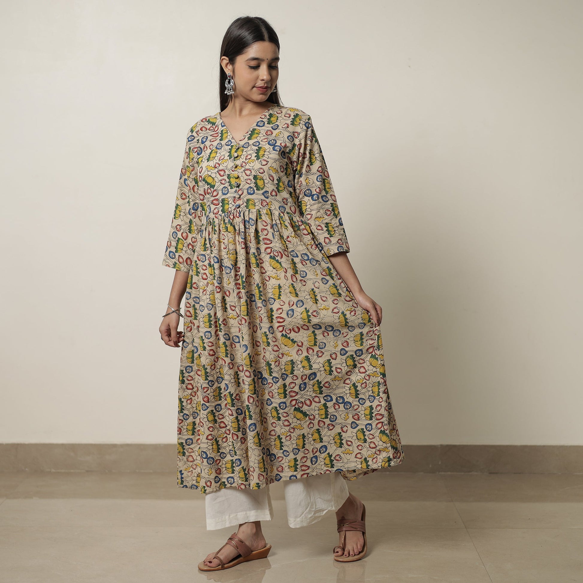 Beige - Kalamkari Printed Cotton Flared Kurta 07