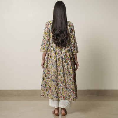 Beige - Kalamkari Printed Cotton Flared Kurta 07