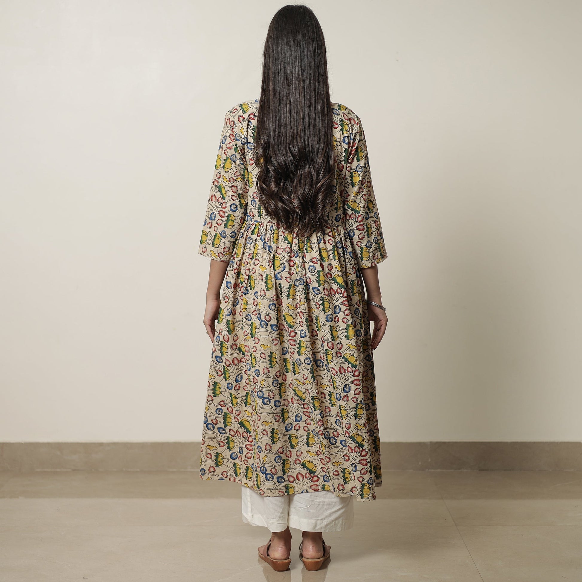 Beige - Kalamkari Printed Cotton Flared Kurta 07