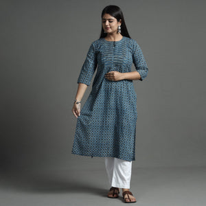 Blue - Akola Hand Block Printed Cotton Pintuck Straight Kurta