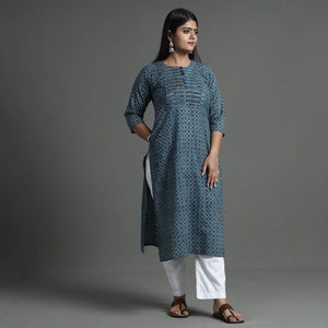 Blue - Akola Hand Block Printed Cotton Pintuck Straight Kurta
